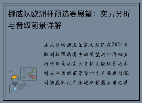 挪威队欧洲杯预选赛展望：实力分析与晋级前景详解